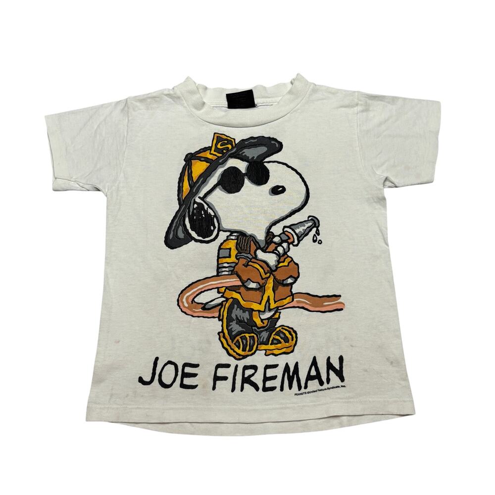 Vintage 90s Snoopy Joe Fireman Double Sided Shirt Youth 6-8 Made in USA Kidcore